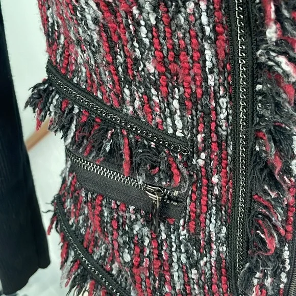 Cache Vintage Blazer Black and Cranberry and Silver Bucle’ Front zips Size M - Picture 3 of 6